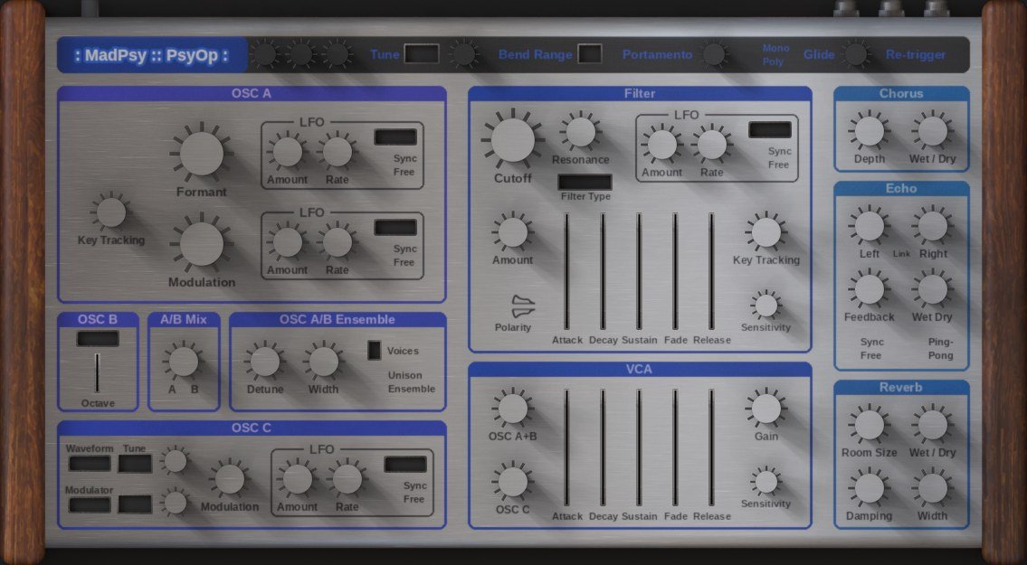 The PsyOp front panel: brushed aluminum with walnut cheeks, the OSC A, OSC B, OSC C, Filter and VCA sections under blue anodized title bars, and the effects rack down the right.