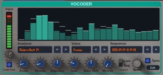 The PsyVOX Vocoder section: an input meter, the band display with 24 bands lit, the Analyzer, Voice and Sequence selectors, and the Attack, Release, Emphasis, Gate, Band Shift and Monitor knobs.